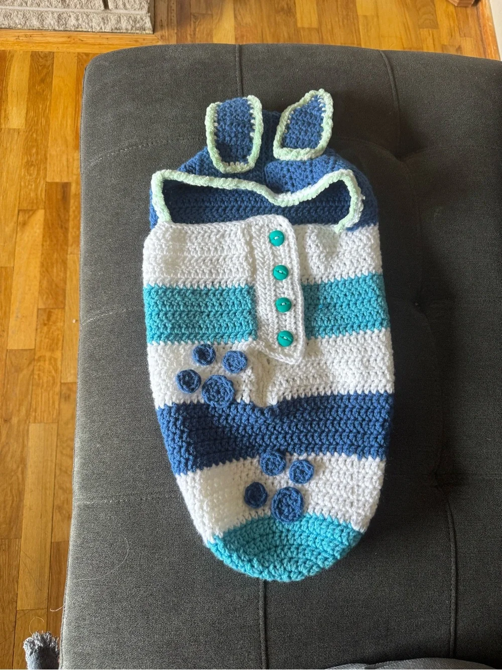 Striped Crochet Baby Sleep Sack with Ear Hood in Navy, Teal and White